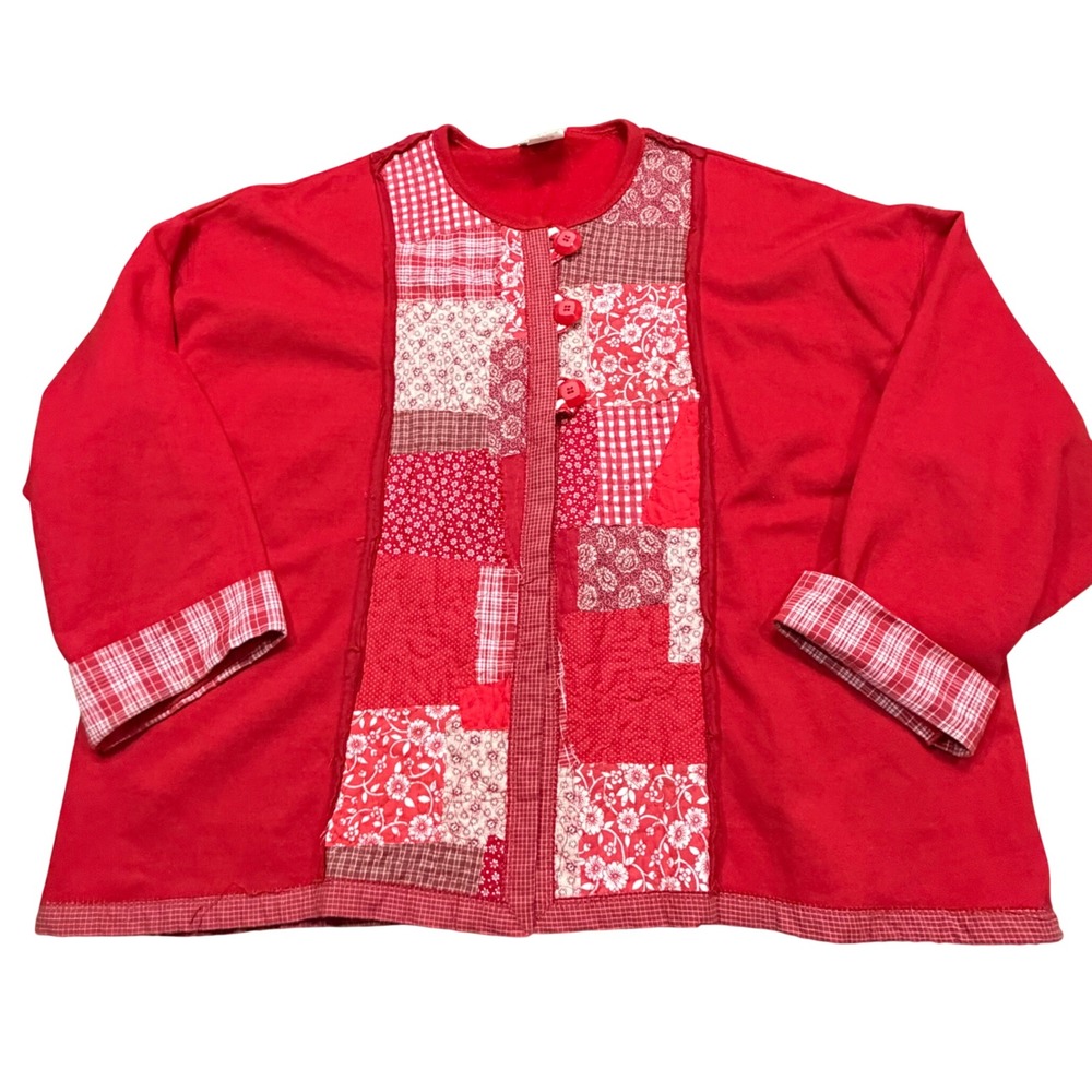 Jerzees Red Quilted Patchwork Sweatshirt Cardigan Women 3X Floral Gingham Button